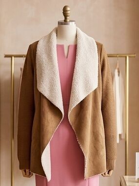 Cozy Faux Suede Sherpa Draped Open Cardigan - Tan/Cream